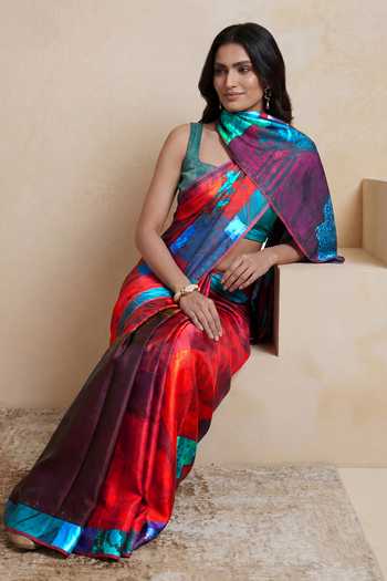 Satya Paul_Red Silk, Georgette, Satin A New Approach Printed Saree _Online_at_Aza_Fashions