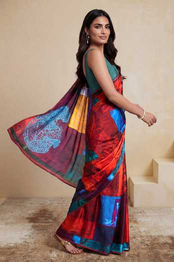 Satya Paul_Red Silk, Georgette, Satin A New Approach Printed Saree _at_Aza_Fashions