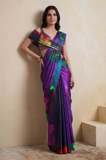 Satya Paul_Purple Silk, Georgette, Satin Steady Hands Printed Saree _Online_at_Aza_Fashions