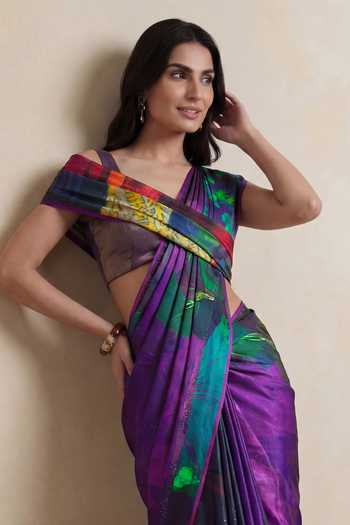 Buy_Satya Paul_Purple Silk, Georgette, Satin Steady Hands Printed Saree _Online_at_Aza_Fashions