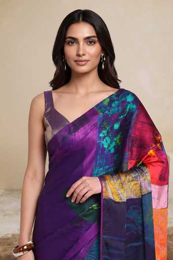 Shop_Satya Paul_Purple Silk, Georgette, Satin Steady Hands Printed Saree _Online_at_Aza_Fashions