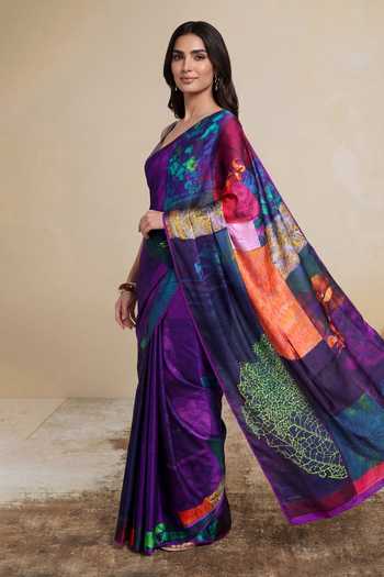 Satya Paul_Purple Silk, Georgette, Satin Steady Hands Printed Saree _at_Aza_Fashions