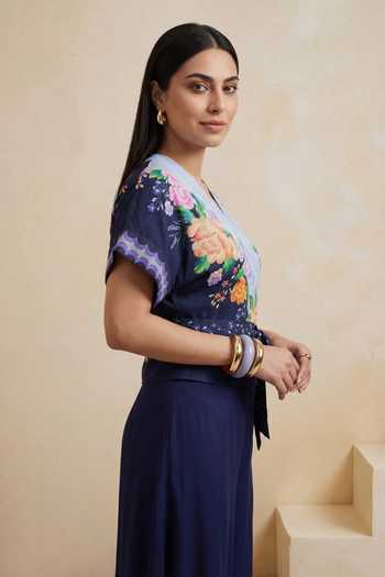 Satya Paul_Blue Viscose, Crepe V-neck Flowers Print Blouse _Online_at_Aza_Fashions