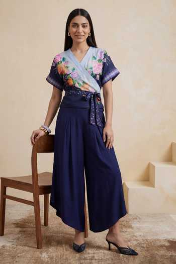 Buy_Satya Paul_Blue Viscose, Crepe V-neck Flowers Print Blouse _Online_at_Aza_Fashions
