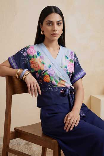 Shop_Satya Paul_Blue Viscose, Crepe V-neck Flowers Print Blouse _Online_at_Aza_Fashions