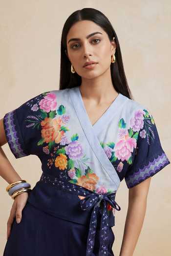 Satya Paul_Blue Viscose, Crepe V-neck Flowers Print Blouse _at_Aza_Fashions