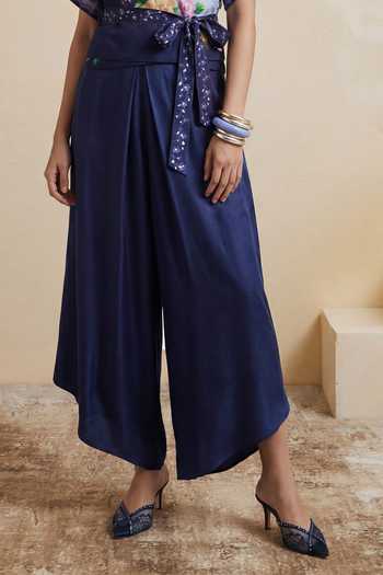 Satya Paul_Blue Crepe, Viscose Pleated Pant _Online_at_Aza_Fashions