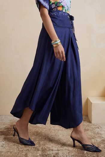 Buy_Satya Paul_Blue Crepe, Viscose Pleated Pant _Online_at_Aza_Fashions