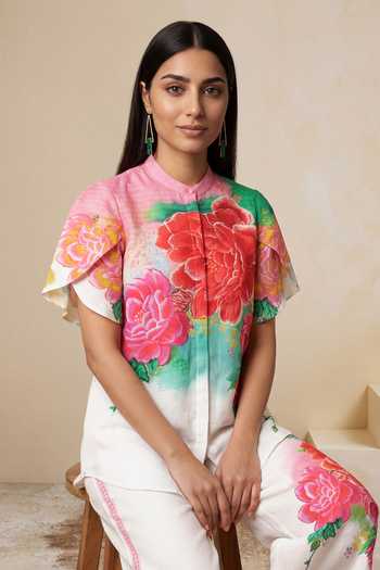 Shop_Satya Paul_Pink Linen, Viscose Mandarin Collar Rose Mist Print Top And Pant Set _Online_at_Aza_Fashions