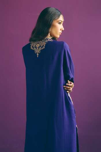 Buy_Mirasa_Blue Wool V-neck Ruhina Placement Embroidered Kurta And Pant Set _Online_at_Aza_Fashions