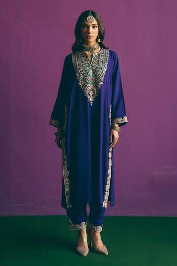 Shop_Mirasa_Blue Wool V-neck Ruhina Placement Embroidered Kurta And Pant Set _Online_at_Aza_Fashions