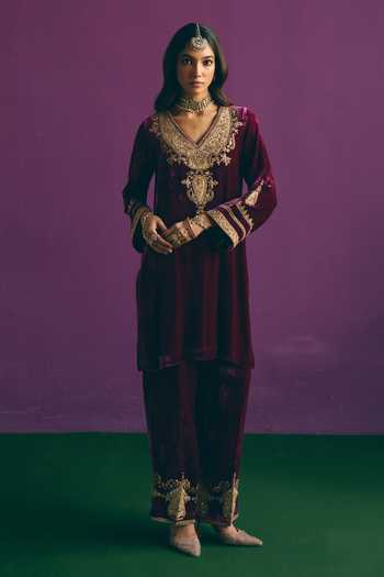 Mirasa_Wine , Tissue, Organza, Velvet V-neck Afsara Pure Kurta Set _at_Aza_Fashions