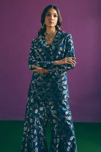 Mirasa_Blue V-neck Saahiba Woven Jacket And Sharara Set _Online_at_Aza_Fashions