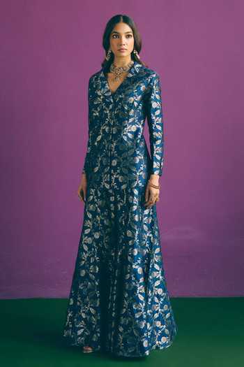 Buy_Mirasa_Blue V-neck Saahiba Woven Jacket And Sharara Set _Online_at_Aza_Fashions