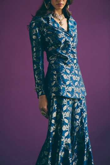 Shop_Mirasa_Blue V-neck Saahiba Woven Jacket And Sharara Set _Online_at_Aza_Fashions
