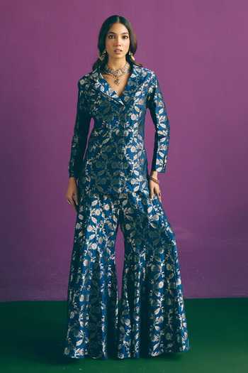 Mirasa_Blue V-neck Saahiba Woven Jacket And Sharara Set _at_Aza_Fashions