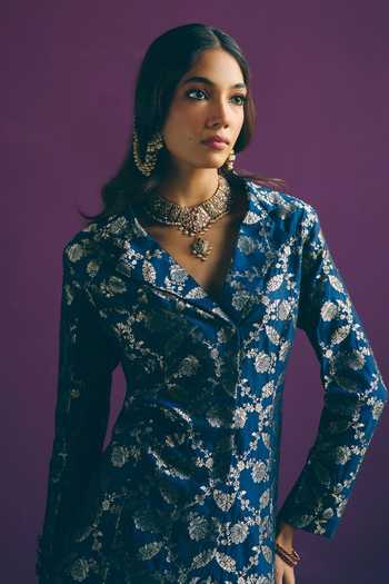 Buy_Mirasa_Blue V-neck Saahiba Woven Jacket And Sharara Set 