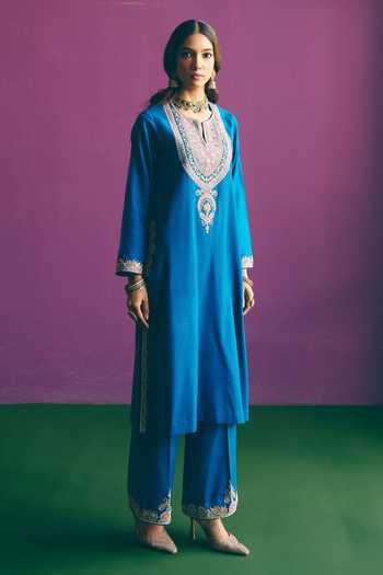 Mirasa_Blue Wool, Tissue Round Neck, Yes Safiya Pure Kurta Salwar Set _Online_at_Aza_Fashions