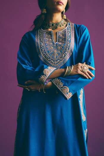 Buy_Mirasa_Blue Wool, Tissue Round Neck, Yes Safiya Pure Kurta Salwar Set _Online_at_Aza_Fashions