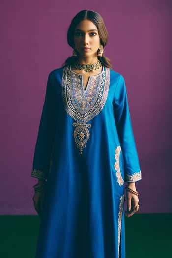 Shop_Mirasa_Blue Wool, Tissue Round Neck, Yes Safiya Pure Kurta Salwar Set _Online_at_Aza_Fashions