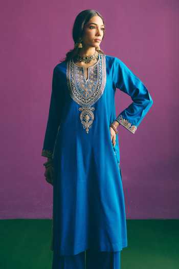 Mirasa_Blue Wool, Tissue Round Neck, Yes Safiya Pure Kurta Salwar Set _at_Aza_Fashions
