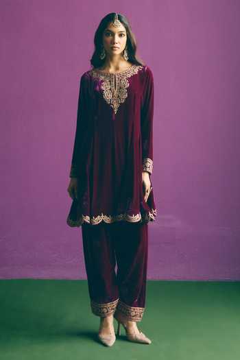 Buy_Mirasa_Wine Silk, Organza, Velvet Round Neck Sahira Pure Kurta Set _Online_at_Aza_Fashions