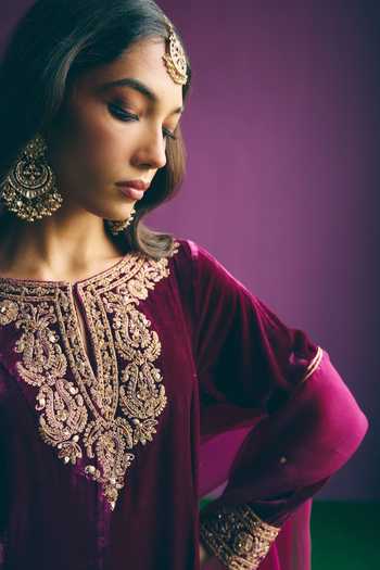 Shop_Mirasa_Wine Silk, Organza, Velvet Round Neck Sahira Pure Kurta Set _Online_at_Aza_Fashions