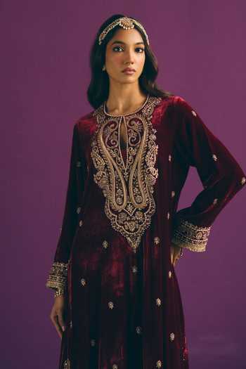 Shop_Mirasa_Maroon Silk, Velvet Round Neck Zehna Pure Straight Kurta And Pant Set _Online_at_Aza_Fashions