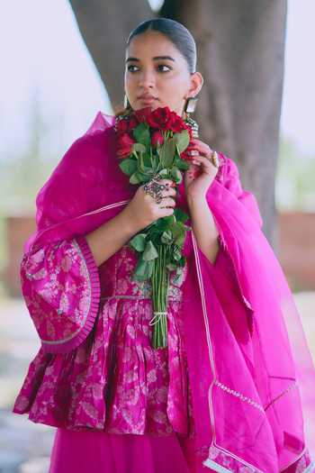 Mirasa_Pink Silk, Organza, Chanderi Isharya Pure Kurta Set _at_Aza_Fashions