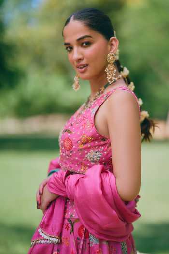 Mirasa_Pink Silk, Organza, Chanderi Open Neck Mishti Printed Jacket Lehenga Set _Online_at_Aza_Fashions