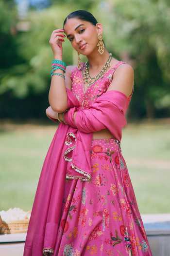 Buy_Mirasa_Pink Silk, Organza, Chanderi Open Neck Mishti Printed Jacket Lehenga Set _Online_at_Aza_Fashions