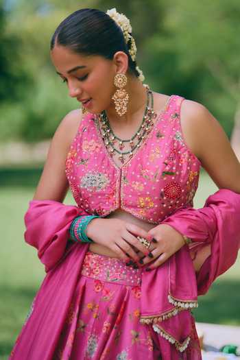 Shop_Mirasa_Pink Silk, Organza, Chanderi Open Neck Mishti Printed Jacket Lehenga Set _Online_at_Aza_Fashions