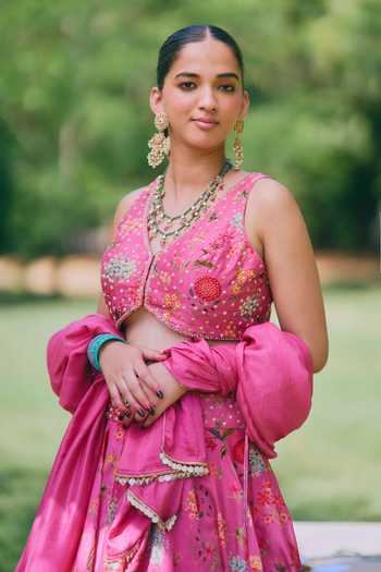 Mirasa_Pink Silk, Organza, Chanderi Open Neck Mishti Printed Jacket Lehenga Set _at_Aza_Fashions