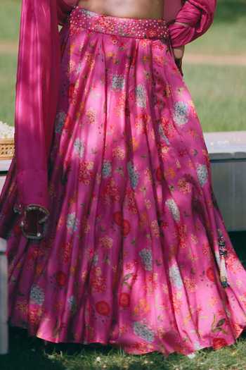 Buy_Mirasa_Pink Silk, Organza, Chanderi Open Neck Mishti Printed Jacket Lehenga Set 