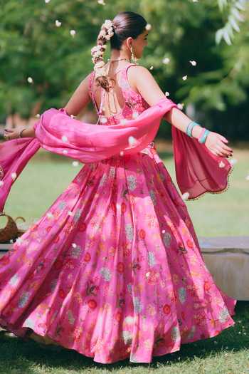 Shop_Mirasa_Pink Silk, Organza, Chanderi Open Neck Mishti Printed Jacket Lehenga Set 