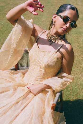 Mirasa_Gold Tissue, Brocade Sweetheart Neck Saanjh Pure Banarasi Lehenga Set _at_Aza_Fashions