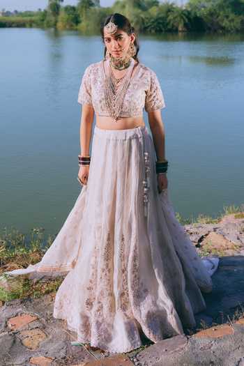 Buy_Mirasa_Silver , Organza, Tissue, Samaah Banarasi Embroidered Lehenga Set _Online_at_Aza_Fashions