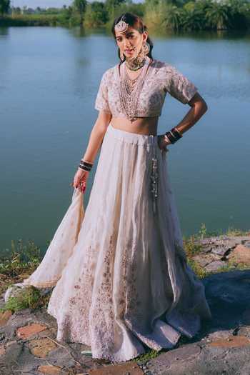Mirasa_Silver , Organza, Tissue, Samaah Banarasi Embroidered Lehenga Set _at_Aza_Fashions