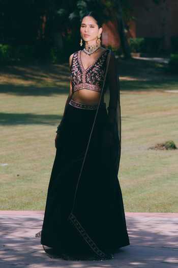 Mirasa_Black Silk, Chanderi, Tissue V-neck Rehana Embroidered Lehenga Set _Online_at_Aza_Fashions