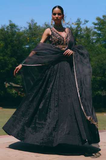 Buy_Mirasa_Black Silk, Chanderi, Tissue V-neck Rehana Embroidered Lehenga Set _Online_at_Aza_Fashions