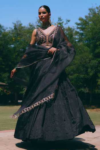 Shop_Mirasa_Black Silk, Chanderi, Tissue V-neck Rehana Embroidered Lehenga Set _Online_at_Aza_Fashions