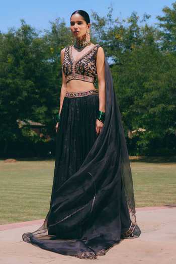 Mirasa_Black Silk, Chanderi, Tissue V-neck Rehana Embroidered Lehenga Set _at_Aza_Fashions