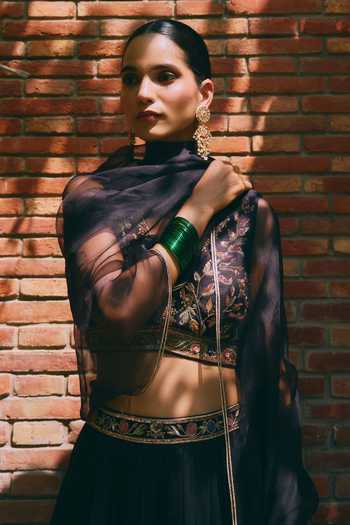 Buy_Mirasa_Black Silk, Chanderi, Tissue V-neck Rehana Embroidered Lehenga Set 