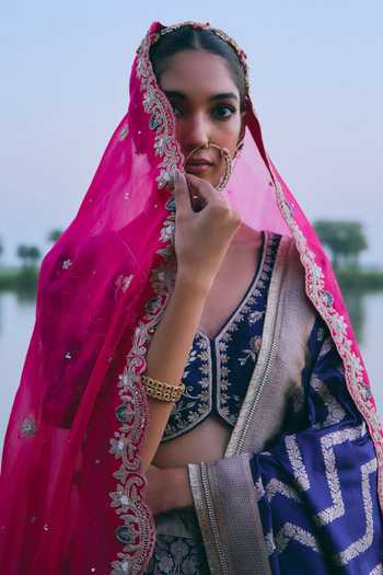 Mirasa_Blue V-neck Arohi Floral Woven Lehenga Set _Online_at_Aza_Fashions