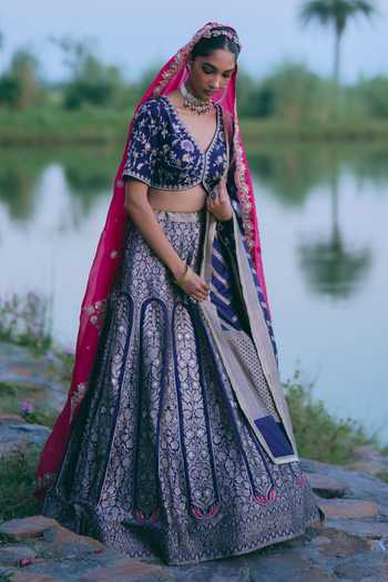 Buy_Mirasa_Blue V-neck Arohi Floral Woven Lehenga Set _Online_at_Aza_Fashions