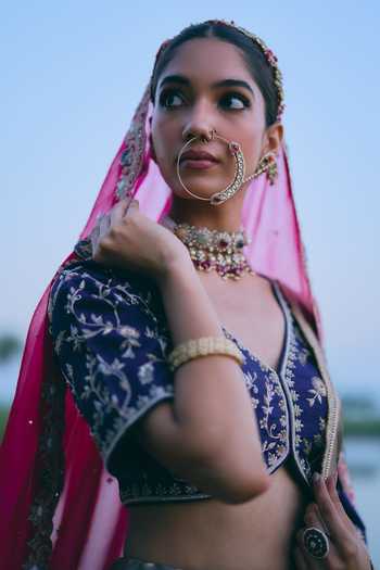 Shop_Mirasa_Blue V-neck Arohi Floral Woven Lehenga Set _Online_at_Aza_Fashions