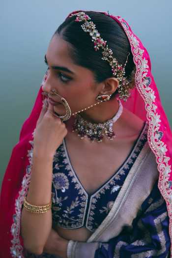 Mirasa_Blue V-neck Arohi Floral Woven Lehenga Set _at_Aza_Fashions