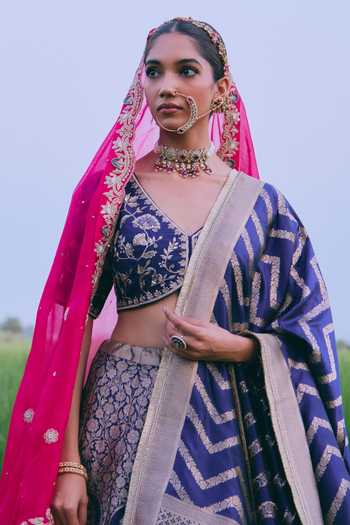 Buy_Mirasa_Blue V-neck Arohi Floral Woven Lehenga Set 