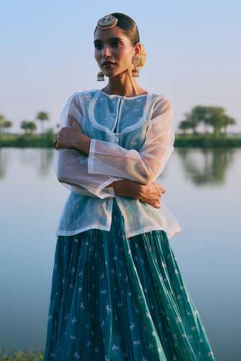 Mirasa_Green Silk, Organza, Chanderi Round Neck Saira Lehenga Set _Online_at_Aza_Fashions