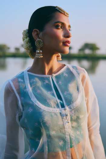 Buy_Mirasa_Green Silk, Organza, Chanderi Round Neck Saira Lehenga Set _Online_at_Aza_Fashions